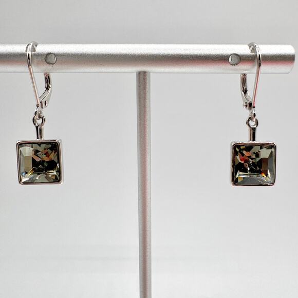 Touchstone Crystal By Swarovski Smokey Silver Tone Leverback Earrings Sparkly - Picture 3 of 14